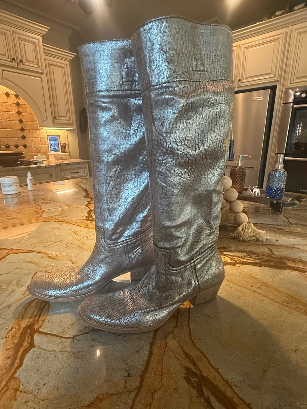 Miu Miu Metallic Silver Knee-High Heeled Boots